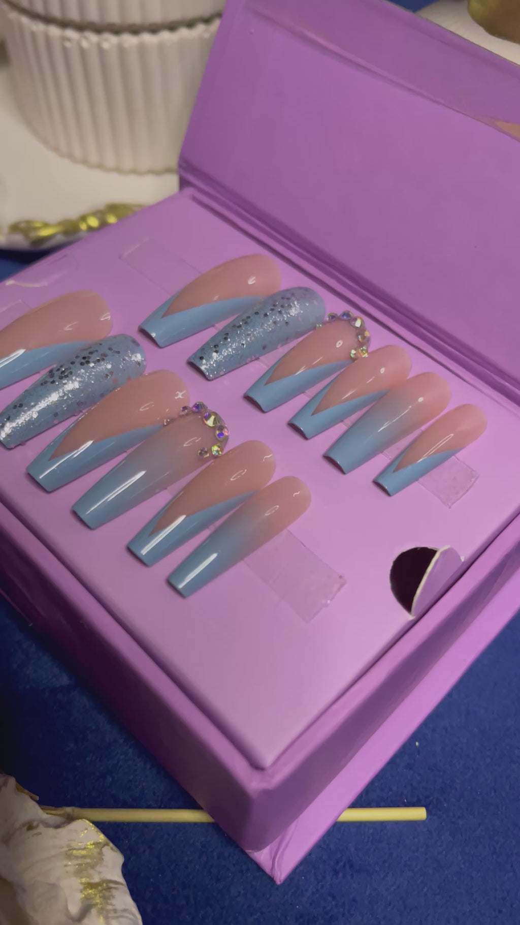 V Cut Blue French -Long Coffin Press Ons