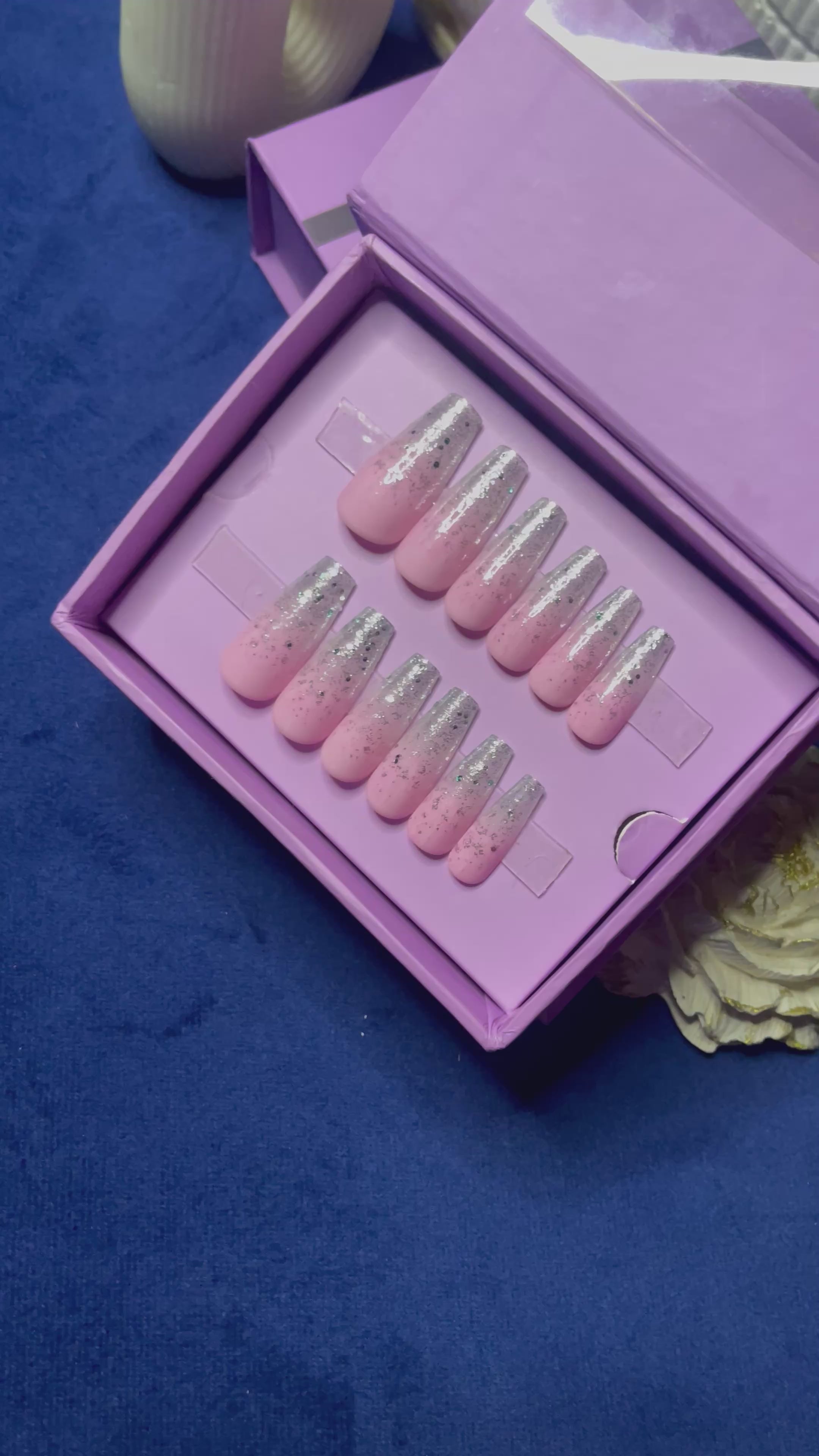 Baby pink glitter glam- Long Coffin Press On Nails