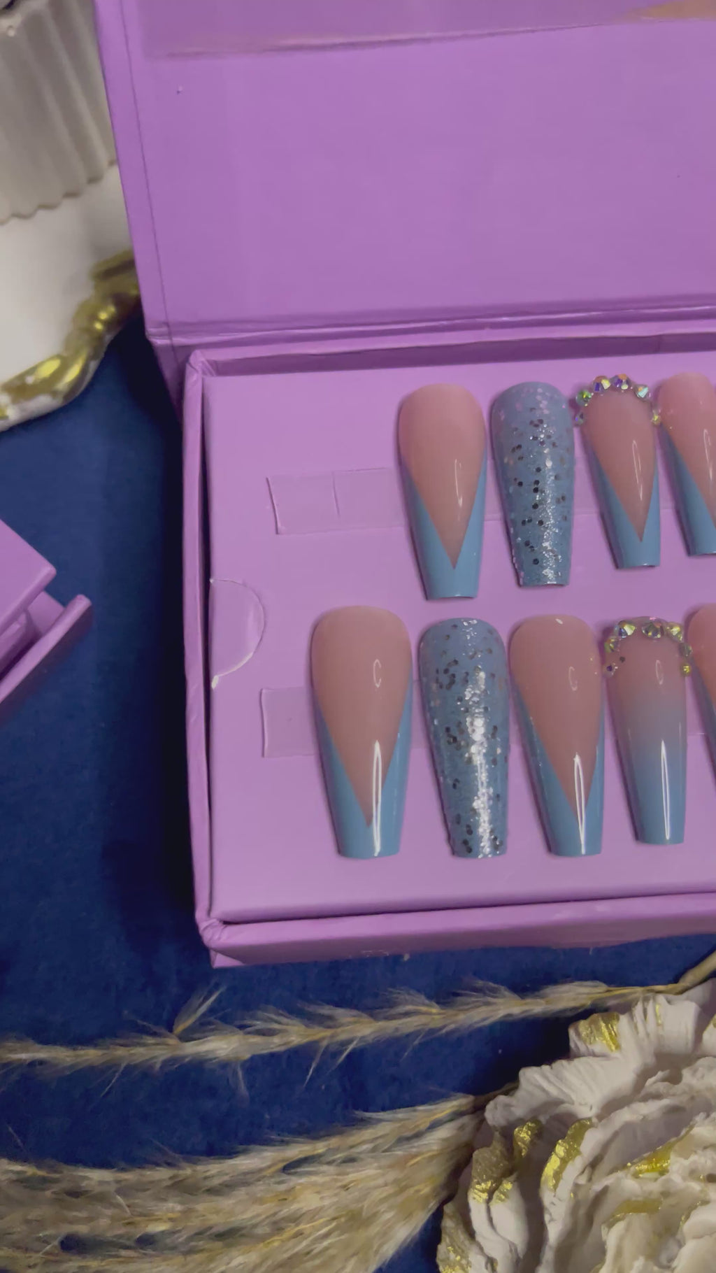 V Cut Blue French -Long Coffin Press Ons