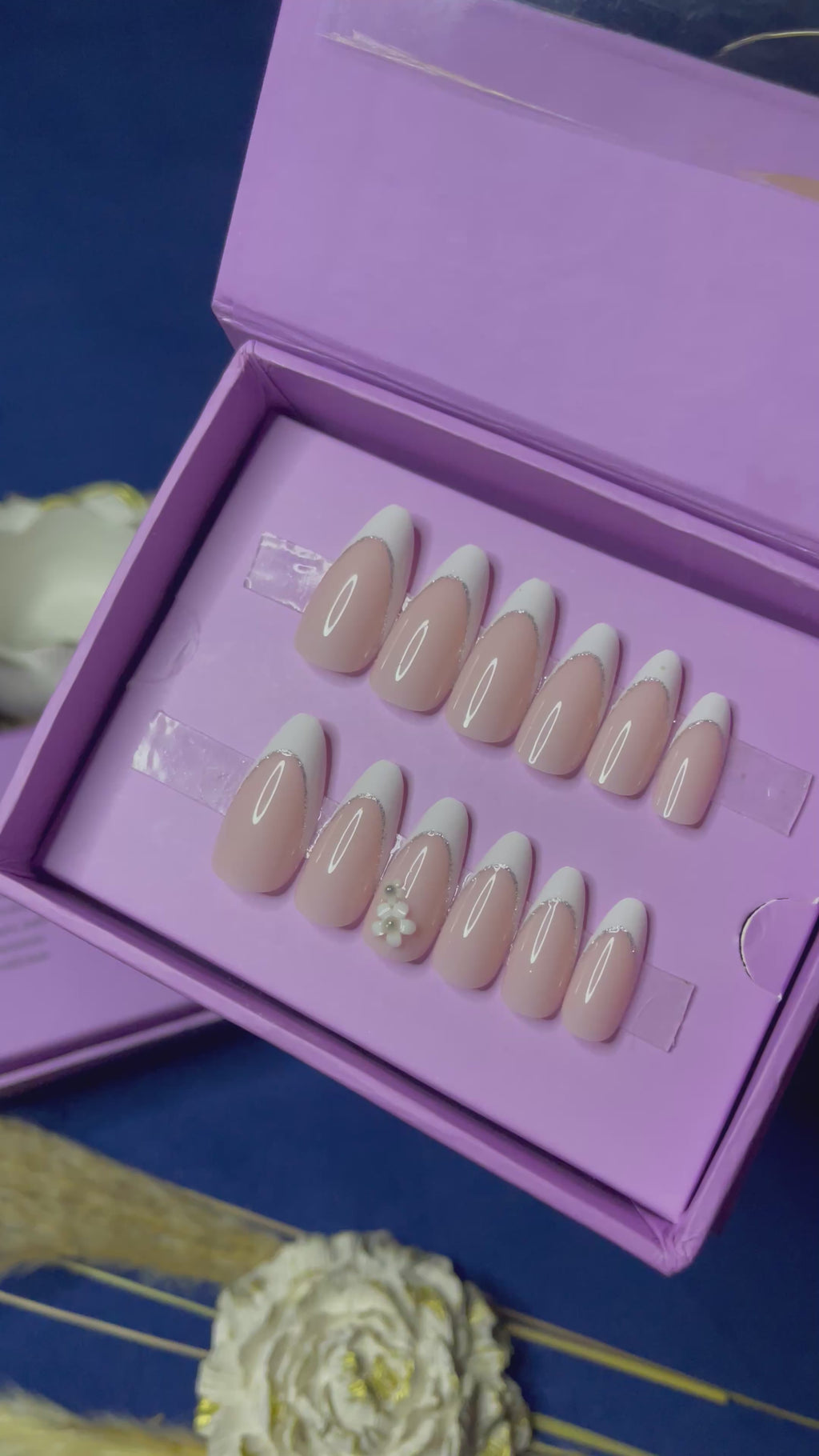 White Floral French - Almond Press Ons