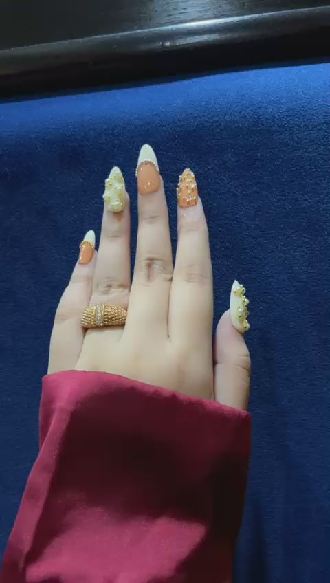 Creamy White & Peach Pearl Elegance Press ons – Wedding & Event Collection